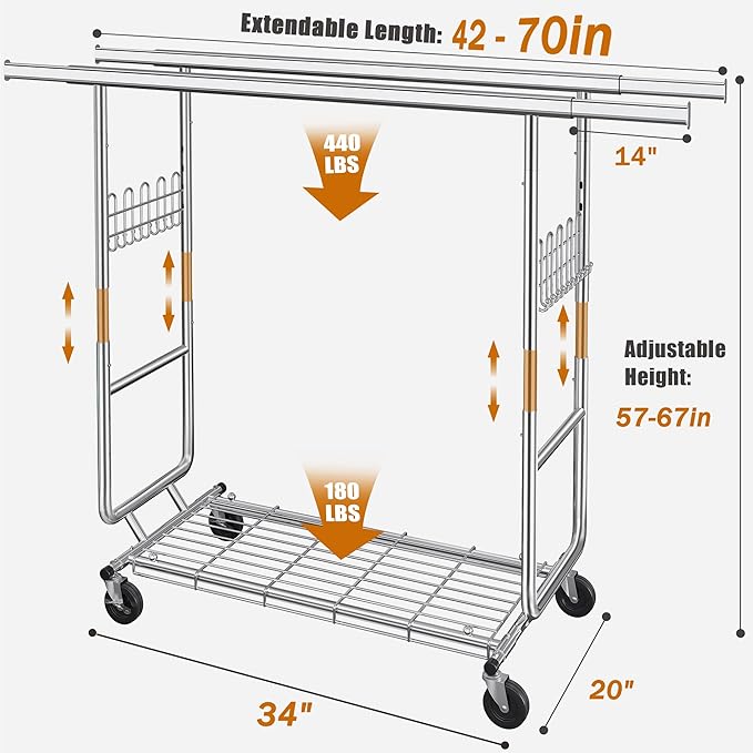 Heavy Duty Clothes Rack Load 620 Lbs, Double Rod Rolling Clothing Rack With Sturdy Wheel And Shelves，Adjustable Portable Hanging Rack For Clothes,Silver Stainless Steel