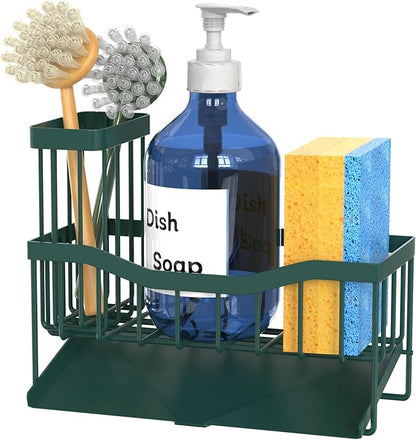 Fssvcd Maifan Sink Caddy Sponge Holder for Kitchen with Brush Holder and Stainless Steel Self Drain Tray, Rustproof Kitchen Sink Organizer for Sponge, Soap Dispenser Storage Accessories Dark Green