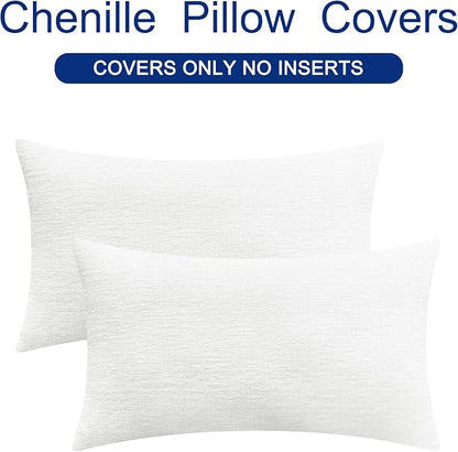 CaliTime Throw Pillow Covers Decorative 12 X 20 Inches Pack of 2 Cozy Chenille Cushion Cases for Couch Sofa Bed Living Room Home True White