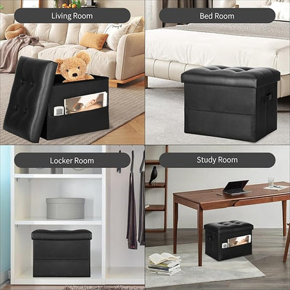 Storage Ottoman Foot Rest Stool with Thicker Foam Padded Seat. Foldable Leather Footstool Bench. Small Ottoman with Storage for Living Room Bedroom Coffee Table 350 lbs, 17x13x13in, Black.