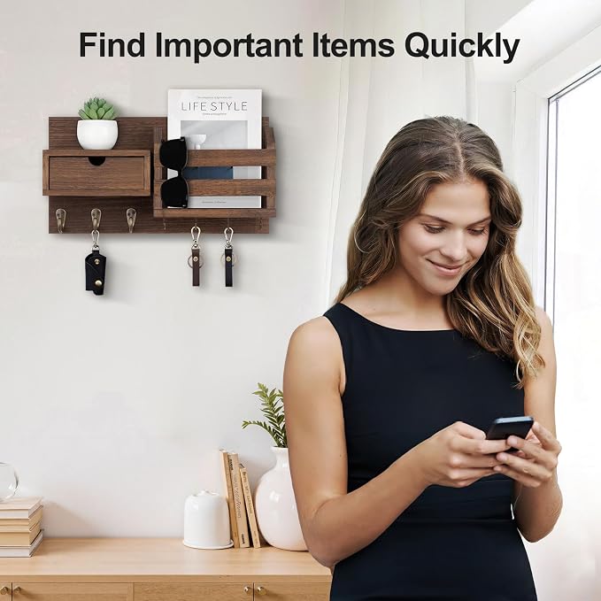 Lwenki Wall Mount Key Holder with Mail Organizer, 100% Paulownia Wood, 7 Metal Hooks, Storage Drawer, Entryway Home Decor (Brown)