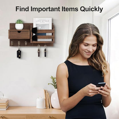 Lwenki Wall Mount Key Holder with Mail Organizer, 100% Paulownia Wood, 7 Metal Hooks, Storage Drawer, Entryway Home Decor (Brown)