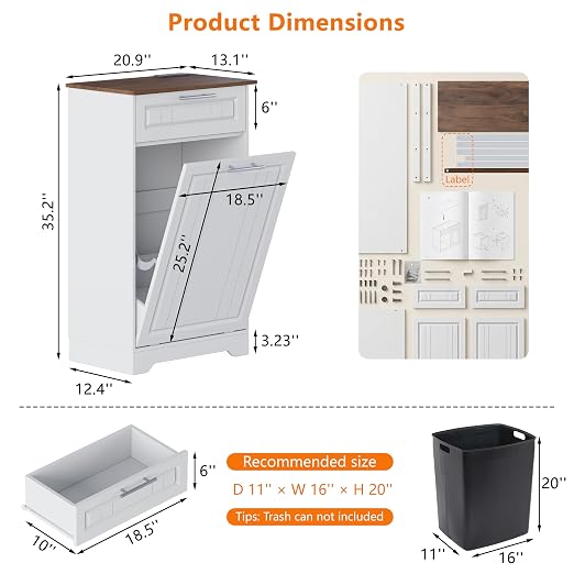 Single 10 Gallon Tilt Out Trash Can Cabinet with Deodorizing Function, Wooden Hidden Garbage Can Holder with Storage Drawers for Kitchen and Dining Room, Laundry Hamper Cabinet for Bathroom, White