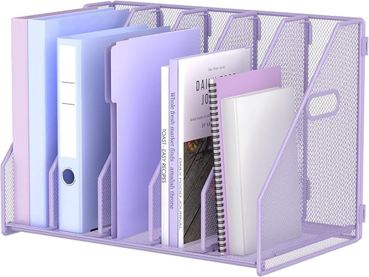 MINDEPOT Desk File Organizer Metal Desk Magazine Folder Holder with 5 Vertical Compartments Rack File Organizer for Office, Home, School (Purple)