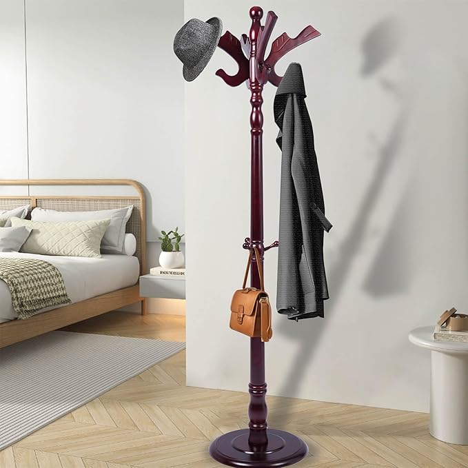 Wooden Coat Rack Freestanding with 11 Hooks Bird Style, 71'' Vintage Coat Racks Tree, Adjustable Height, Coat Hanger Stand with Sturdy Base, Coat Tree Hats Hanger for Living Room, Bedroom, Entryway
