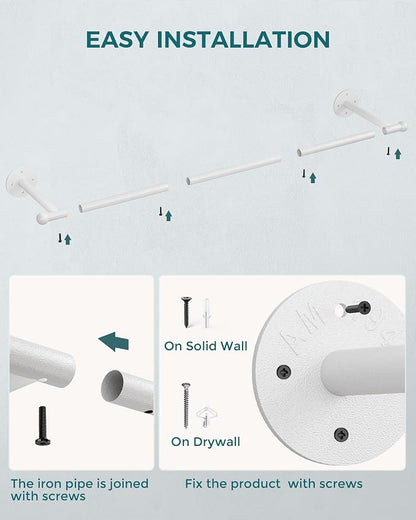 OROPY Industrial Pipe Clothing Rack Set of 2, Wall Mounted Clothes Rack, Closet Rods For Hanging Clothes, 33" Multi-purpose Hanging Rod for Laundry Room, Bedroom and Closet Storage, White