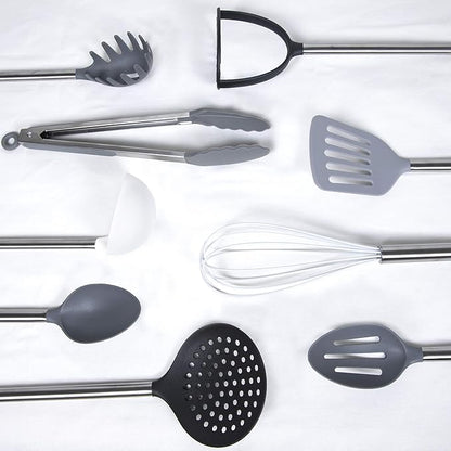 Cook With Color 10 Piece Nylon Cooking Utensil Set with Holder, Kitchen Tools and Gadgets with Rounded Copper Handles (Ombre Grey)