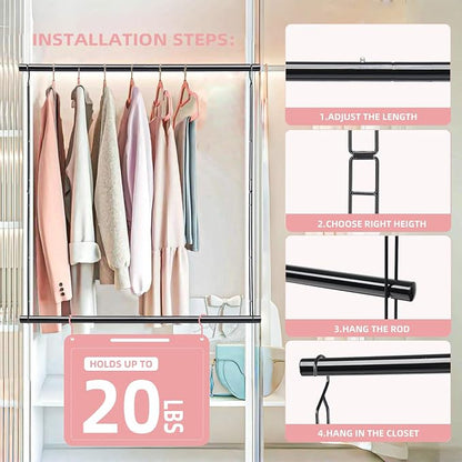 Closet Extender Hanging Rod 46.9in Closet Hanging Rod Heavy Duty Closet Organizer 6 Height Adjustble Closet Rod Extender, Closet Rods for Hanging Clothes, Black