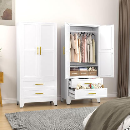 erosoei Metal Armoire Wardrobe Closet, 71 "Metal Clothing Storage Cabinet | with Adjustable Shelves and Hanging Rod, Household Steel Wardrobe Storage Cabinet with Drawers (armoire-white)