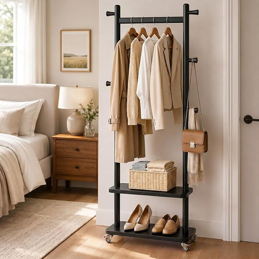 Taitiy Coat Rack Freestanding Clothing Rack with Wheels & 2 Shelves Storage & 5 Hooks Heavy Duty Clothes Rack Wood Coat Tree Stand Hat Hanger Rack for Corner Bedroom Entryway Living Room Hotel Size L
