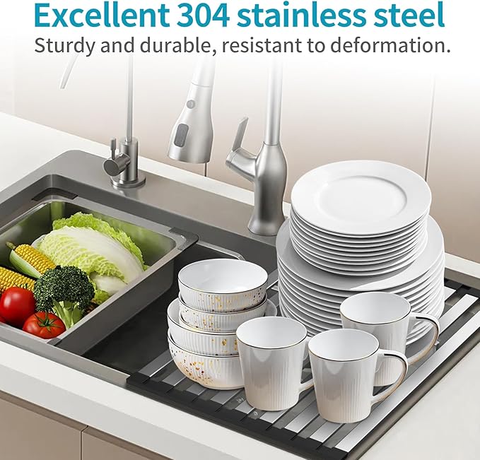 23.6" x 12.8" Roll-Up Dish Drying Rack Over Sink - Kitchen Sink Cover and Organizer Gadget with Foldable Stainless Steel Drainer and Sink Mat, Silver Dish Rack - Large