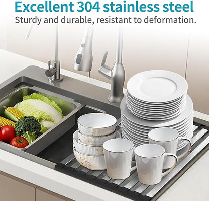 23.6" x 12.8" Roll-Up Dish Drying Rack Over Sink - Kitchen Sink Cover and Organizer Gadget with Foldable Stainless Steel Drainer and Sink Mat, Silver Dish Rack - Large