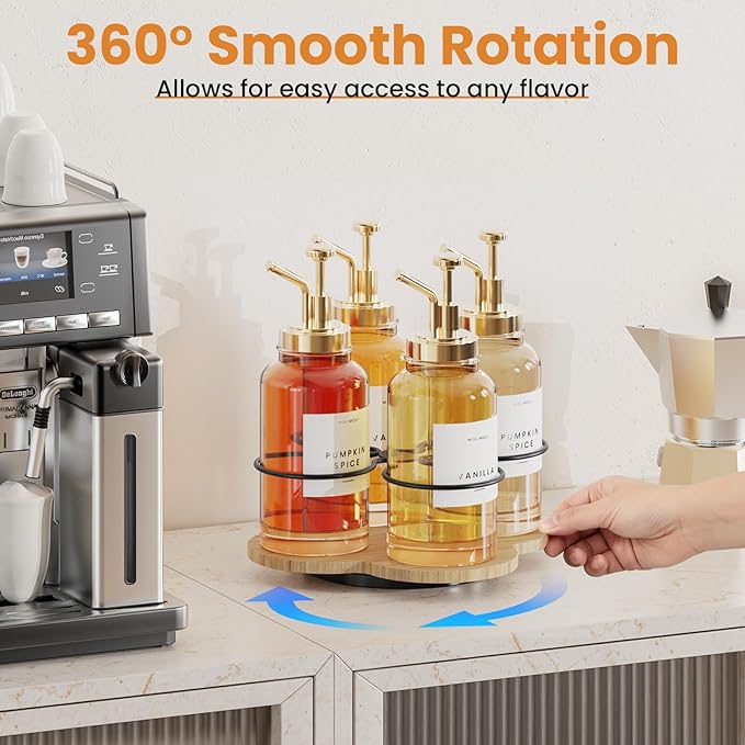 THYGIFTREE Rotating Coffee Syrup Organizer 4 Bottles Syrup Rack Dispenser16.9oz for Countertop Wood Bottle Holder Stand for Coffee Bar Station