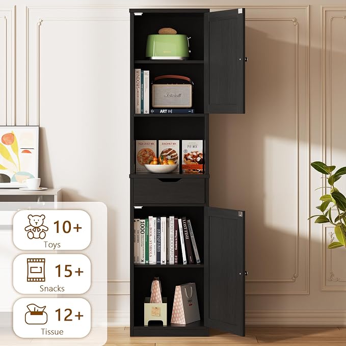Walsunny Tall Bathroom Storage Cabinet with Freestanding Adjustable Shelves, Narrow Storage Linen Cabinet with 2 Doors and 1 Drawer for Bathroom, Living Room, Kitchen, Black