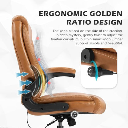 YAMASORO Executive Office Chair,Big and Tall Ergonomic Desk Chair with Adjustable Lumbar Support,Breathable PU Leather Computer Chair wih Flip-up Arms and Wheels, Camel
