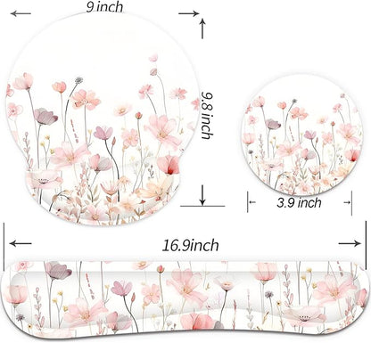 Ergonomic Mouse Pad with Wrist Rest and Keyboard Wrist Rest, Mousepad and Wrist Rest for Computer Keyboard, Non-Slip Rubber Base, Mouse Pad Wrist Support for Gaming, Office, Pink Watercolor Flower