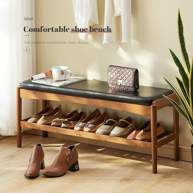 Shoe Rack Bench Entryway Bamboo Shoe Storage Bench with Leather Cushion 2 Tiers Shoe Rack Entryway Bench for Hallway, Living Room,Bedroom(Black Bench top+Brown Frame)