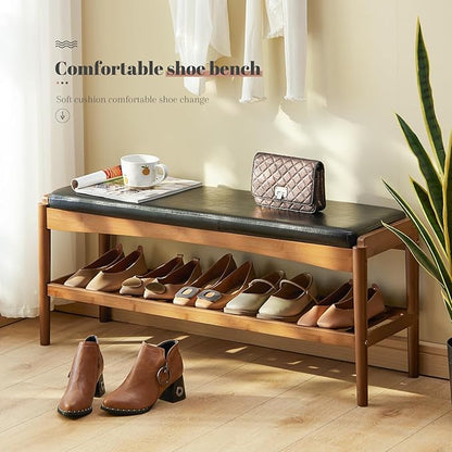 Shoe Rack Bench Entryway Bamboo Shoe Storage Bench with Leather Cushion 2 Tiers Shoe Rack Entryway Bench for Hallway, Living Room,Bedroom(Black Bench top+Brown Frame)