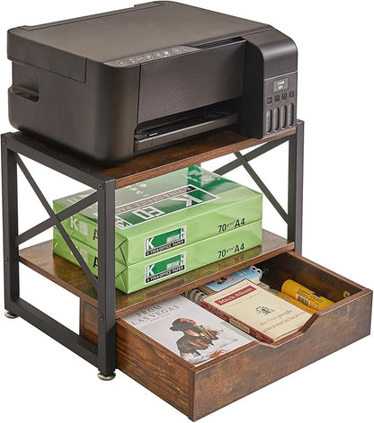 IBUYKE 2 Tier Desktop Printer Stand,Multi-Purpose Desk Organizer,Wooden Printer Stand with Drawer Storage for Folders,Books,for Fax Machine, Scanner,Home Office,Rustic Brown UTLJ006H