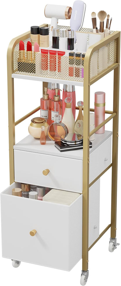 HapiRm Rolling Makeup Cart Organizer - Floor Skincare Make Up Storage with 2 Non-woven Fabric Drawers, Vanity Organizer Cosmetic Display Cases Holder for Skin Care Perfume Nail Polish Brush Hair Tool