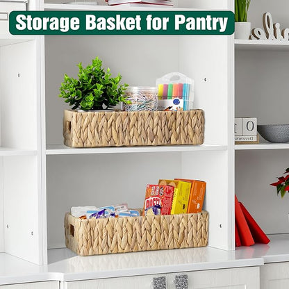dreamkey Nesting Wicker Storage Baskets for Organizing with Handles - Small HandWoven Water Hyacinth Toilet Paper Basket for Back of Toilet Tank Top - Storage Baskets for Coutertop Organizer, 2 Pack