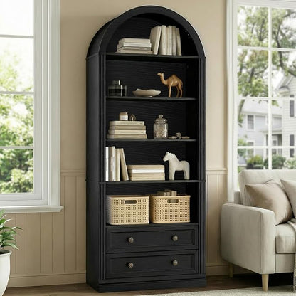 Farmhouse Arched Bookshelf Set of2, 7 Tiers Arch Bookcase with 2 Spacious Drawers, Modern Book Shelf with Open Display Shelves and Storage Cabinet, for Office, Living Room, Kitchen, Black