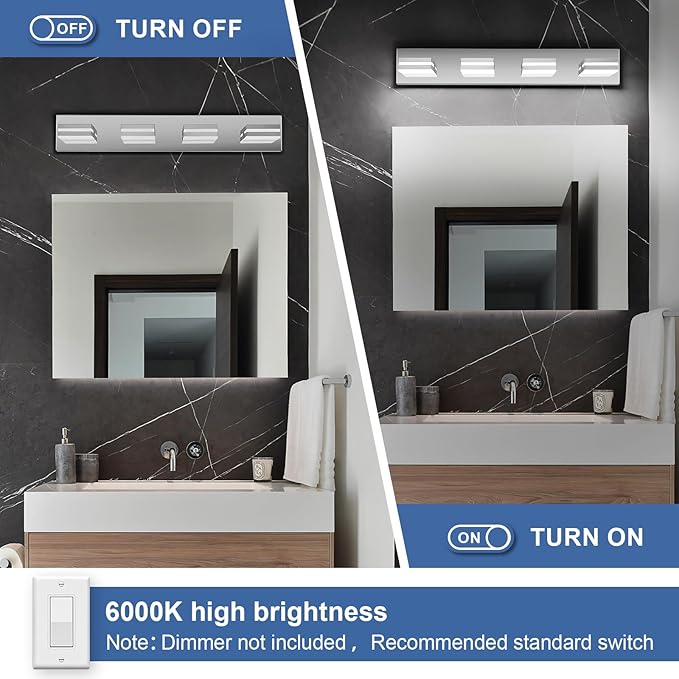 Modern LED Bathroom Lights Fixtures(4-Light),Stainless Steel Chrome Acrylic Wall Lighting,Vanity Lights for Bathroom Over Mirror(6000k 27in)