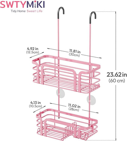 SWTYMIKI Shower Caddy Hanging Organizer - Over the Door Shower Caddy with Soap Holder, 11 Hooks, 2 Installation Ways, Stainless Steel Rustproof Bathroom Organizer, Pink