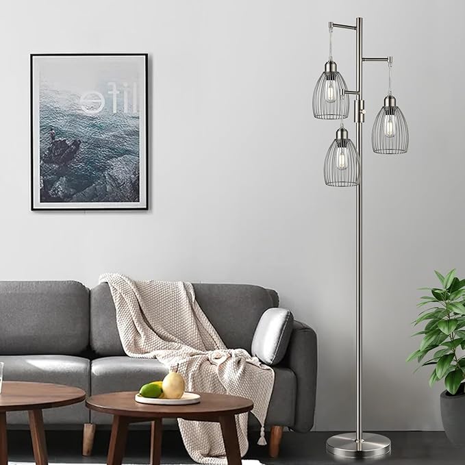 Nintiue Dimmable Floor Lamp, 3 x 800LM LED Edison Bulbs Included, Industrial Floor Lamp Standing Tree Lamp with Elegant Teardrop Cage Heads Tall Lamps for Living Room Bedroom-Brushed Nickel