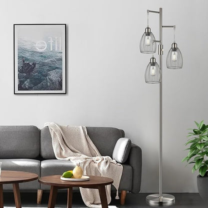 Nintiue Dimmable Floor Lamp, 3 x 800LM LED Edison Bulbs Included, Industrial Floor Lamp Standing Tree Lamp with Elegant Teardrop Cage Heads Tall Lamps for Living Room Bedroom-Brushed Nickel