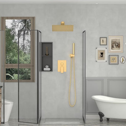 BESy 12 Inch Rain Shower Head, 12" Square Rainfall & High Pressure Stainless Steel Bath Showerhead, 1/16" Ultra Thin, Waterfall Full Body Coverage with Silicone Nozzle, Brushed Gold
