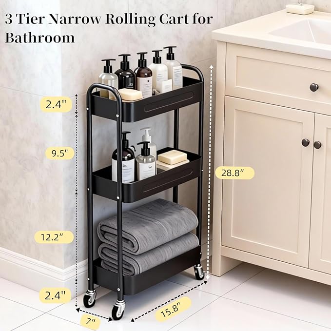 LIWNYRK 3 Tier Slim Metal Rolling Storage Cart for Laundry Room & Kitchen Organizer, 7.1'' Thin Standing Shelf for Narrow Spaces, Utility Cart with Wheels & Lockable Casters for Bathroom, Black