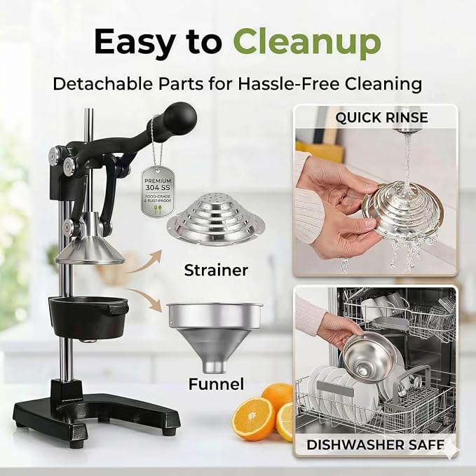 Y-ME Cast Iron Juicer, Heavy Duty Manual Citrus Press with Stainless Steel Detachable Strainers, Hand Juicer for Orange, Lemon, Lime & Grapefruit, Easy to Clean, Black