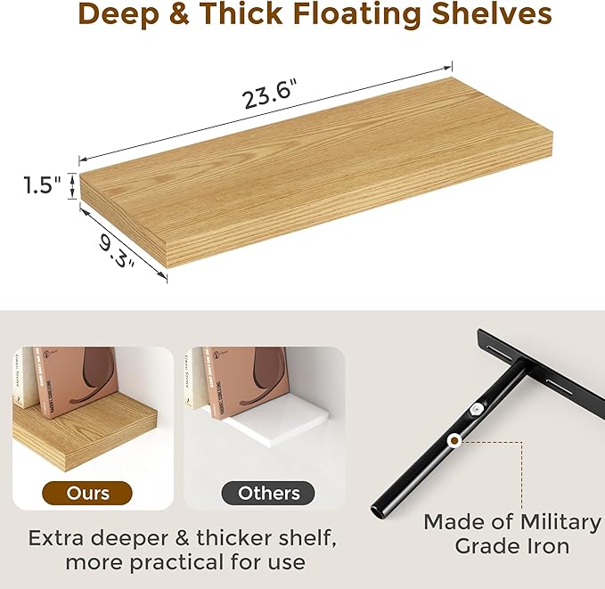Fun Memories Floating Shelves 24 Inch Long, 9.3 Inch Deep Floating Shelf for Lving Room, Bedoom, Kitchen, Deep Wall Shelves for Bathroom, 2 Pack Storage Display Shelf for Books, Decors, Oak