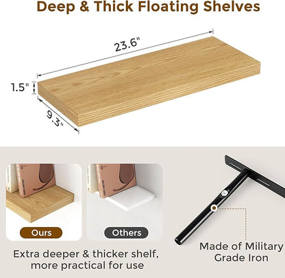Fun Memories Floating Shelves 24 Inch Long, 9.3 Inch Deep Floating Shelf for Lving Room, Bedoom, Kitchen, Deep Wall Shelves for Bathroom, 2 Pack Storage Display Shelf for Books, Decors, Oak