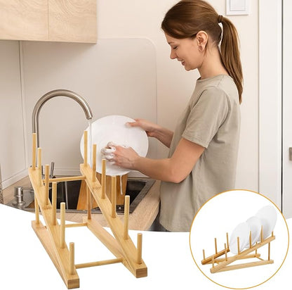 4 Pcs Wooden Dish Drying Rack, Bamboo Plate Dish Rack Stand for Kitchen Cabinet, Cabinet Cutting Board Display Stand for Dishes Plate Bowl Water Bottles Cup Pot Lid Cutting Board
