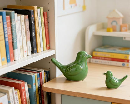 Artconal Small Green Bird Statue Ceramic 2-Piece Set, 4½ inch Cute Knick Knack for Home Office Shelf Desk Decor