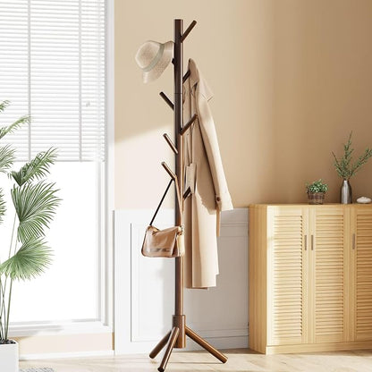 Pipishell Solid Wooden Coat Rack Freestanding, Hall Tree with 8 Hooks, 3 Height Options for Coats, Hats, Handbags, and Scarves, Tool-Free Assembly, Space Saving Design for Entryway, Office, Bedroom