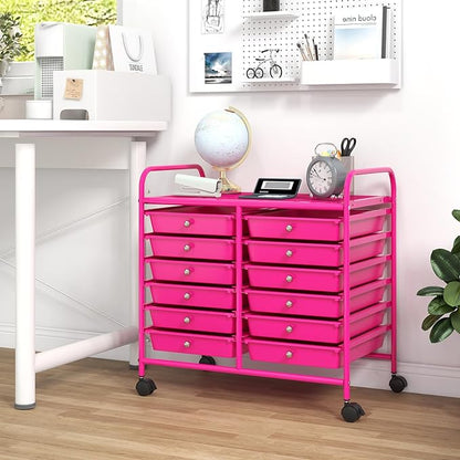 GOFLAME 12-Drawer Rolling Storage Cart, Multifunctional Art Craft Organizer Cart, Mobile Utility Storage Cart with Removable Drawers & Lockable Wheels, Craft Cart for Home Office School, Hot Pink
