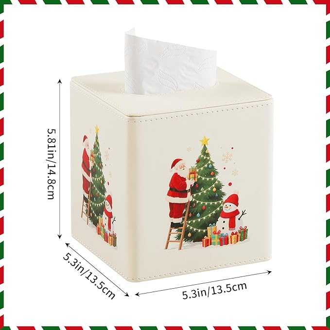 Square Christmas-Themed Tissue Box Cover with A Magnetic Bottom,A Stylish Leather-Decorated Tissue Holder for Living Rooms, Bedrooms, and Office Desks (White Square)