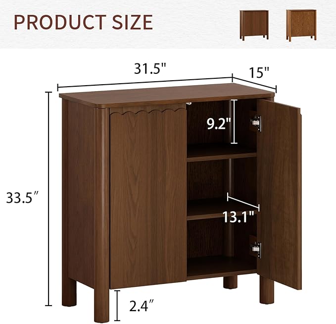 Buffet Cabinet with Storage, Accent Sideboard Cabinet with Adjustable Shelves, Solid Wood Freestanding Storage Cabinet for Living Room Dining Room Entry Kitchen, Walnut