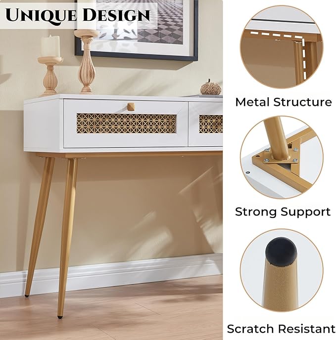 Mid-Century Style Entryway Table, Console Table with Two Drawers, Narrow Sofa Table for Living Room, Hallway, Rectangular, White
