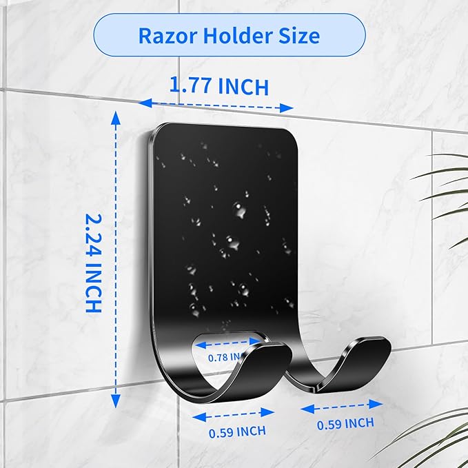 4Pcs Razor Holder, Shaver Hook Hanger, Multipurpose Self Adhesive Double Hooks, Silver Black Stainless Steel Shower Hooks, For Bathroom and Kitchen Storage, Includes Loofah, Towel, Plug, Clothes