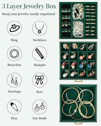 TORIBIO Jewelry Box for Women, Leather Jewelry Organizer with Mirror & Lock, 3-Tier Jewelry Storage Organizer with 2 Drawers for Girls/Women/Mothers, Necklace Earring Bracelets Holder Organizer