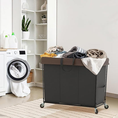 320L Laundry Hamper with Wheels, 3 Section Large Rolling Laundry Basket Bag with Wheels, Clothes Hamper Cart for Laundry, Bedroom, Bathroom and Dorm