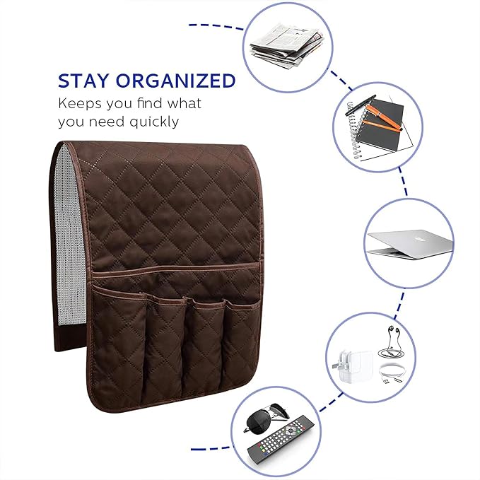 Armchair Caddy for Recliner, Couch Caddy Storage Organizer with 5 Pockets, Non Slip Sofa Arm Organizer for Remote Controls, Phone, Magazines, Tablet (Dark Brown)