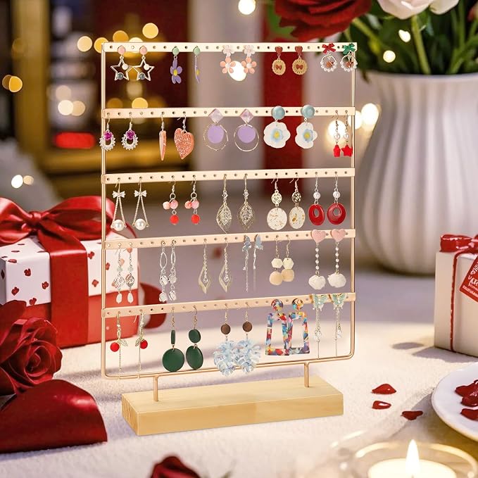 Earring Holder Organizer, 5-Tier Earring Organizer with 60-Pair Capacity, Wooden Base Metal Earring Display, Jewelry Storage & Display for Home Store, Suitable for Women