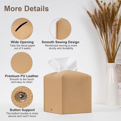Aisoso 2 Pcs Square Cream Tissue Box Cover PU Leather Decorative Tissue Organizer Dispenser Holder for Bathroom, Desk, Home, Car, Office, 5.12" X 5.12" X 5.12"