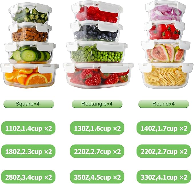 HOMBERKING 24pc Borosilicate Glass Food Storage Containers with Lids, Glass Meal Prep Containers with Leak Proof Snap Lock, Airtight Bento Lunch Boxes, Kitchen Storage (12 lids & 12 Containers)-White