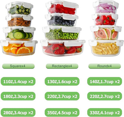 HOMBERKING 24pc Borosilicate Glass Food Storage Containers with Lids, Glass Meal Prep Containers with Leak Proof Snap Lock, Airtight Bento Lunch Boxes, Kitchen Storage (12 lids & 12 Containers)-White